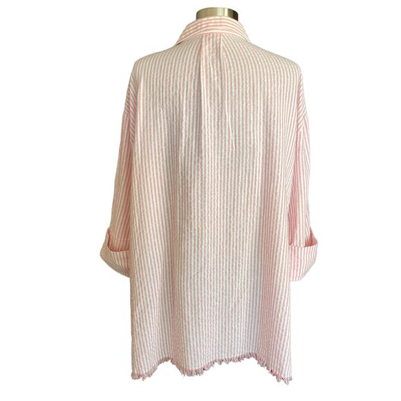 Umgee Pink & White Stripe Oversized Button Down Tunic Top MED Boho Lagenlook - Picture 3 of 8